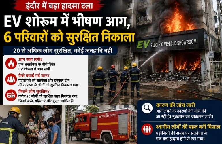 इंदौर में EV शोरूम में भीषण आग, 6 परिवारों को सुरक्षित निकाला गया