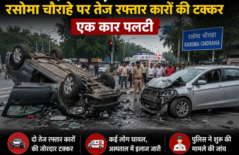 इंदौर सड़क हादसा: रसोमा चौराहे पर तेज रफ्तार कारों की टक्कर, एक कार पलटी