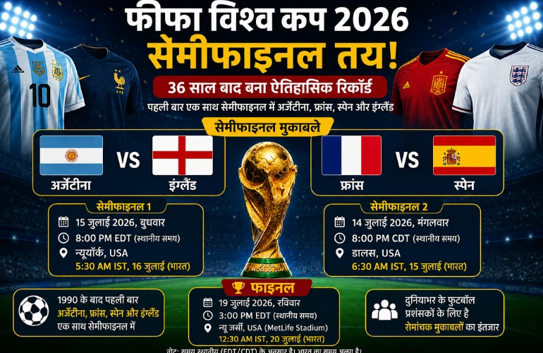 फीफा विश्व कप 2026 सेमीफाइनल: 36 साल बाद बना ऐतिहासिक अंतिम-4, अर्जेंटीना, फ्रांस, स्पेन और इंग्लैंड आमने-सामने
