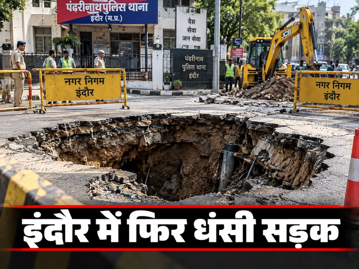 इंदौर में फिर धंसी सड़क, पंढरीनाथ थाने के सामने 10 फीट गड्ढा