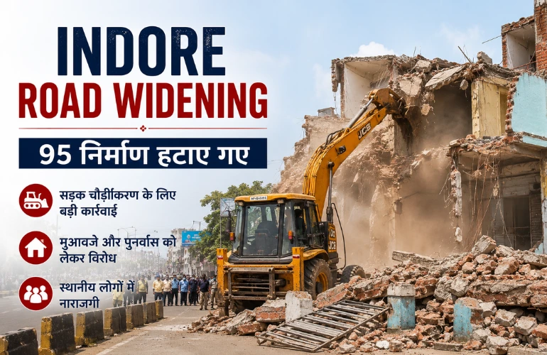बड़ा एक्शन: Indore Road Widening में 95 निर्माण ध्वस्त, मुआवजे को लेकर विरोध