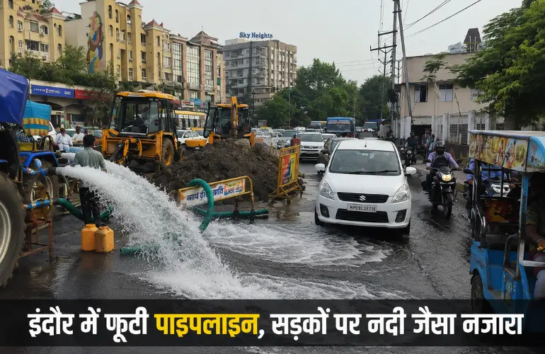 इंदौर में नर्मदा पाइपलाइन फूटी, नवलखा चौराहे पर सड़क बनी नदी, घंटों प्रभावित रहा ट्रैफिक
