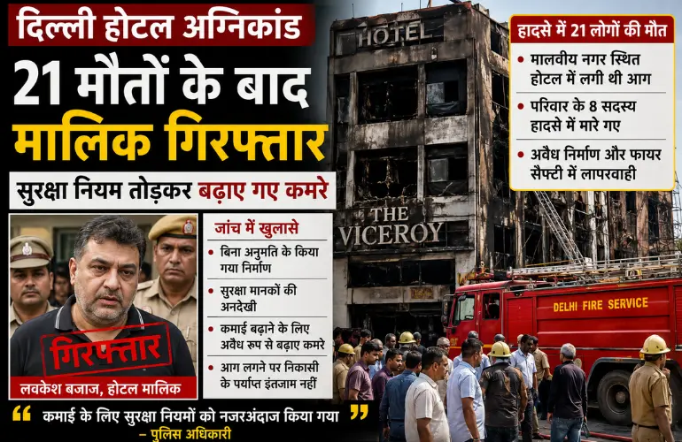 दिल्ली होटल अग्निकांड: 21 मौतों के बाद मालिक गिरफ्तार, सुरक्षा नियमों पर बड़ा खुलासा