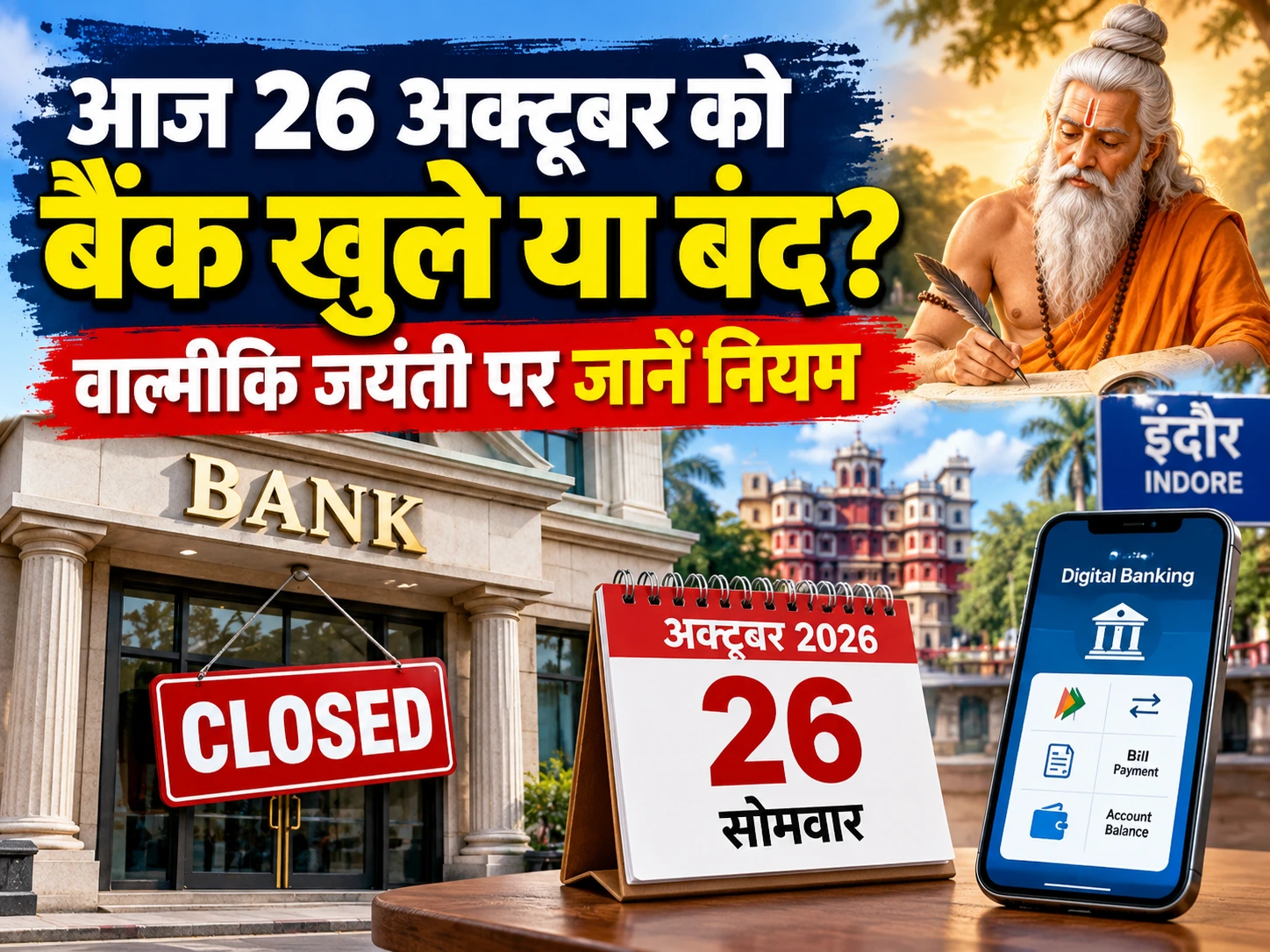 Bank Holiday Today: 26 अक्टूबर को बैंक खुले या बंद? वाल्मीकि जयंती पर जानें नियम