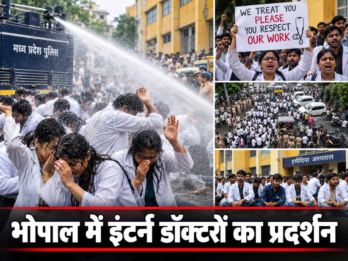 भोपाल में इंटर्न डॉक्टरों का प्रदर्शन, वाटर कैनन से रोका मार्च