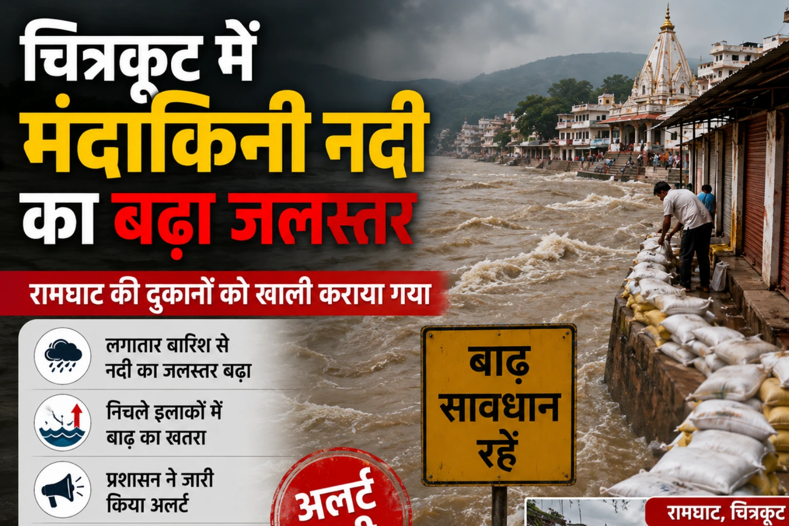चित्रकूट में बाढ़ का खतरा, मंदाकिनी नदी उफनी; रामघाट की दुकानें खाली कराई गईं