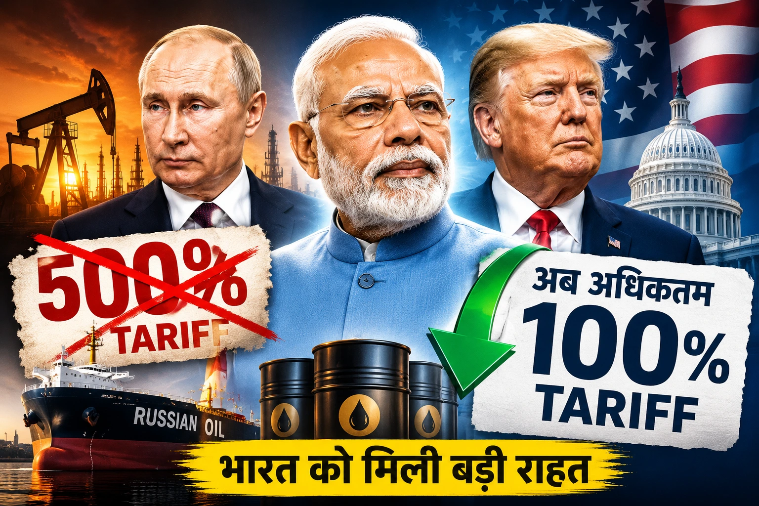 भारत को बड़ी राहत: रूसी तेल पर 500% टैरिफ का खतरा टला, अमेरिका ने घटाकर 100% किया प्रस्ताव